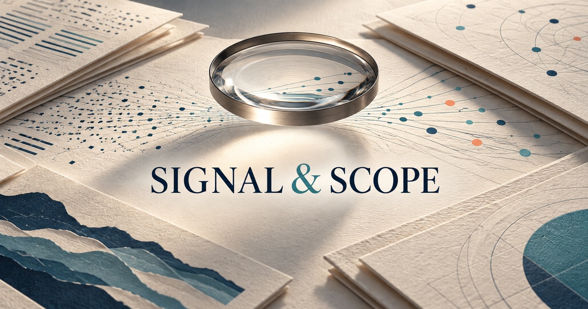 Conceptual editorial artwork for Signal & Scope: an optical lens above layered ivory source maps, navy and teal information lines, and the product title. AI-generated illustration, not a medical diagram.