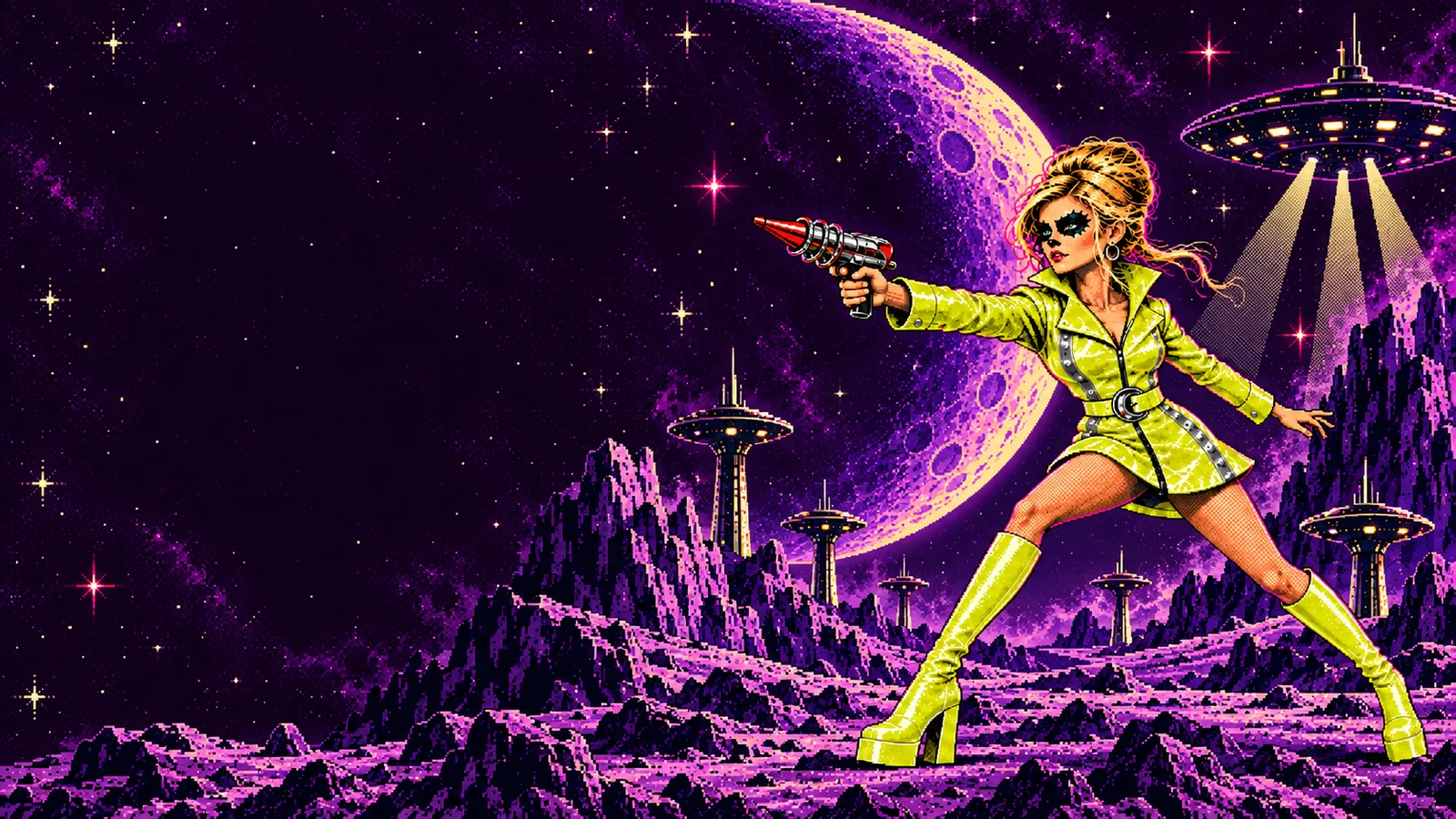 Pop Stars game title art: Clarapetra in a chartreuse coat dress aims a retro ray gun across a purple lunar landscape.