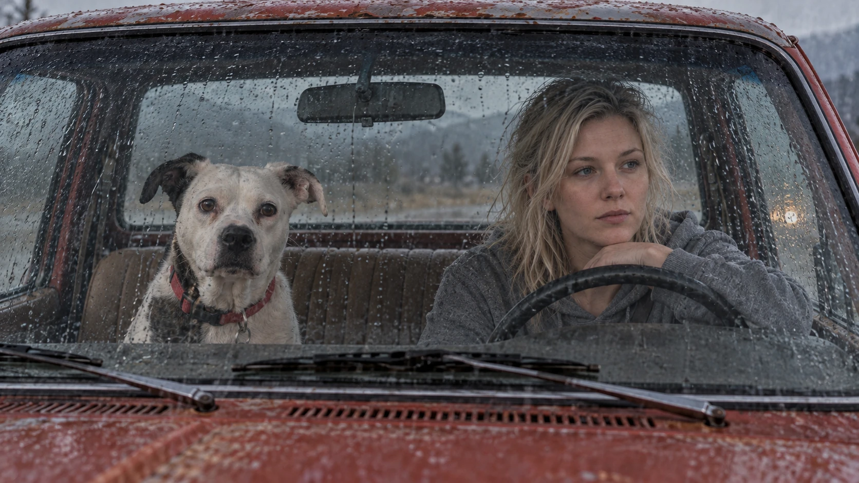 D04. Rain on the windshield turns the vehicle into an intimate shelter.
