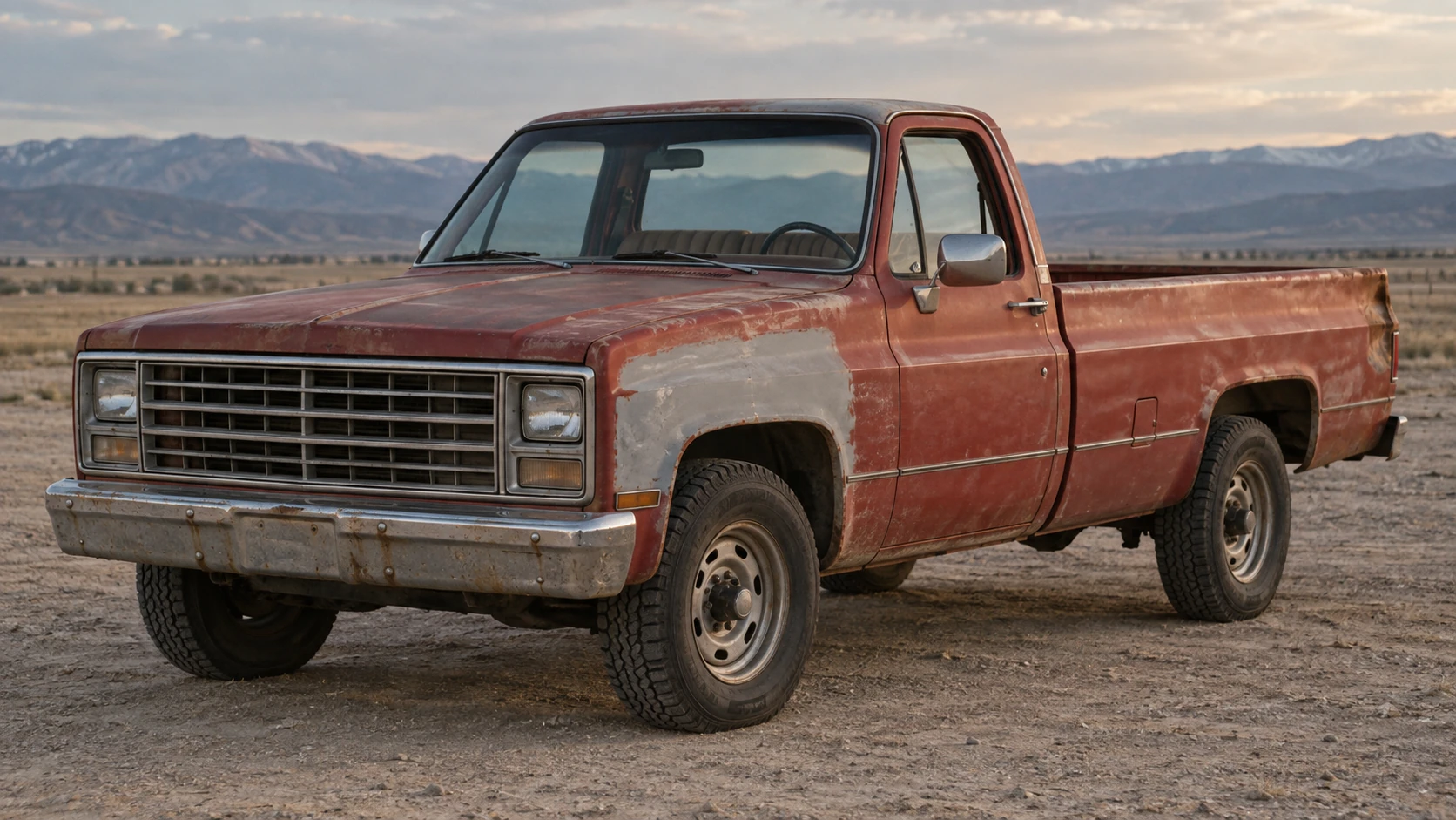 The fictional red pickup continuity anchor: one vehicle with repeatable wear, body shape and cab layout.
