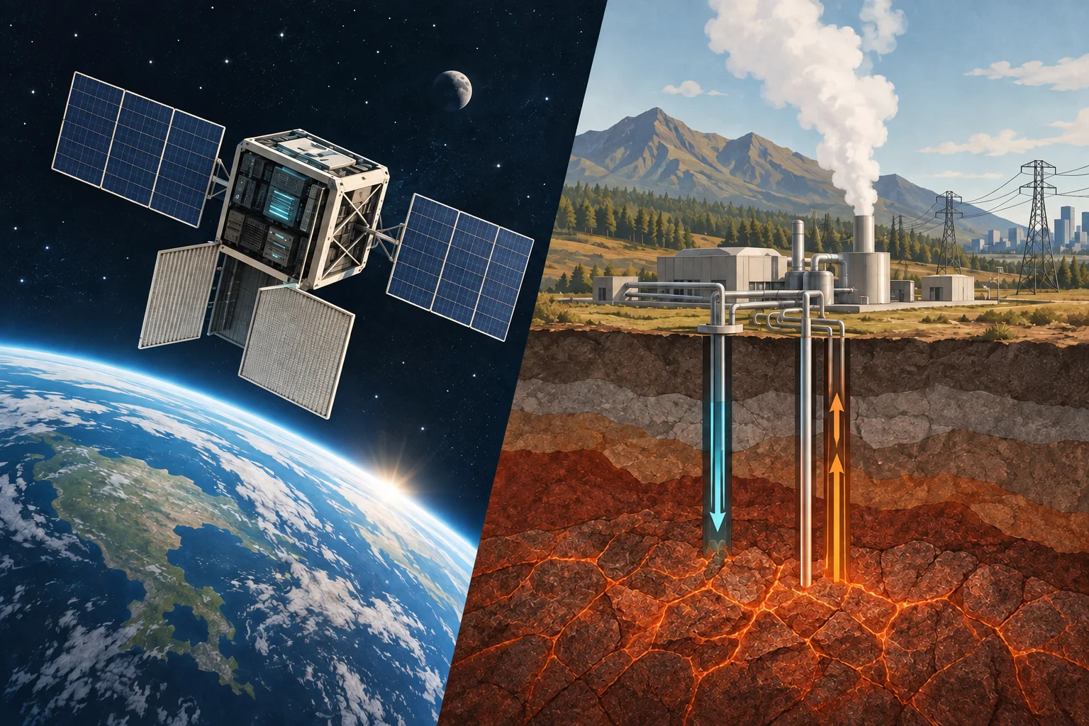 Conceptual illustration contrasting a small experimental computing satellite with a terrestrial enhanced-geothermal system feeding a utility grid.